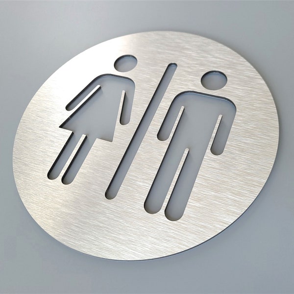 Unisex restroom door sign metal. All gender bathroom sign. Male and Fimale toilet. Modern office signage.