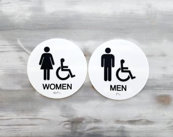 Set of 2 ADA compliant Men and Women restroom signs. ADA bathroom signs with Braille. Men Women accessible bathroom signage.