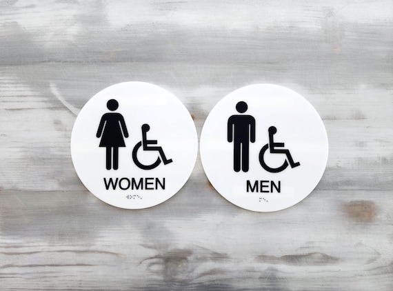 Set of 2 ADA compliant Men and Women restroom signs. ADA bathroom signs with Braille. Men Women accessible bathroom signage.