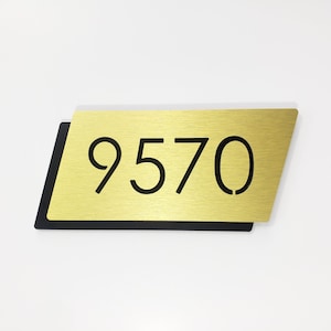 Gold door number sign. Apartment number plaque. Hotel room numbers. Contemporary room number plate.