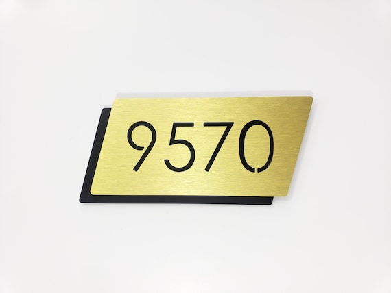 Gold door number sign. Apartment number plaque. Hotel room numbers. Contemporary room number plate.