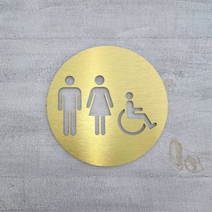 Gold bathroom sign. All gender restroom door sign. Unisex toilet. Modern business sign.