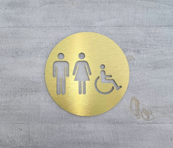 Gold bathroom sign. All gender restroom door sign. Unisex toilet. Modern business sign.