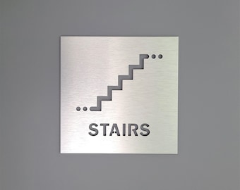 Stairs sign. Stairway sign. Stairwell exit. Warning and caution signs. Safety signage. Directional signs for business.