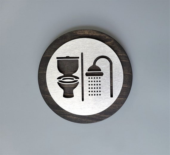 Toilet and shower room door sign. Restroom and shower symbols. Bathroom signs.