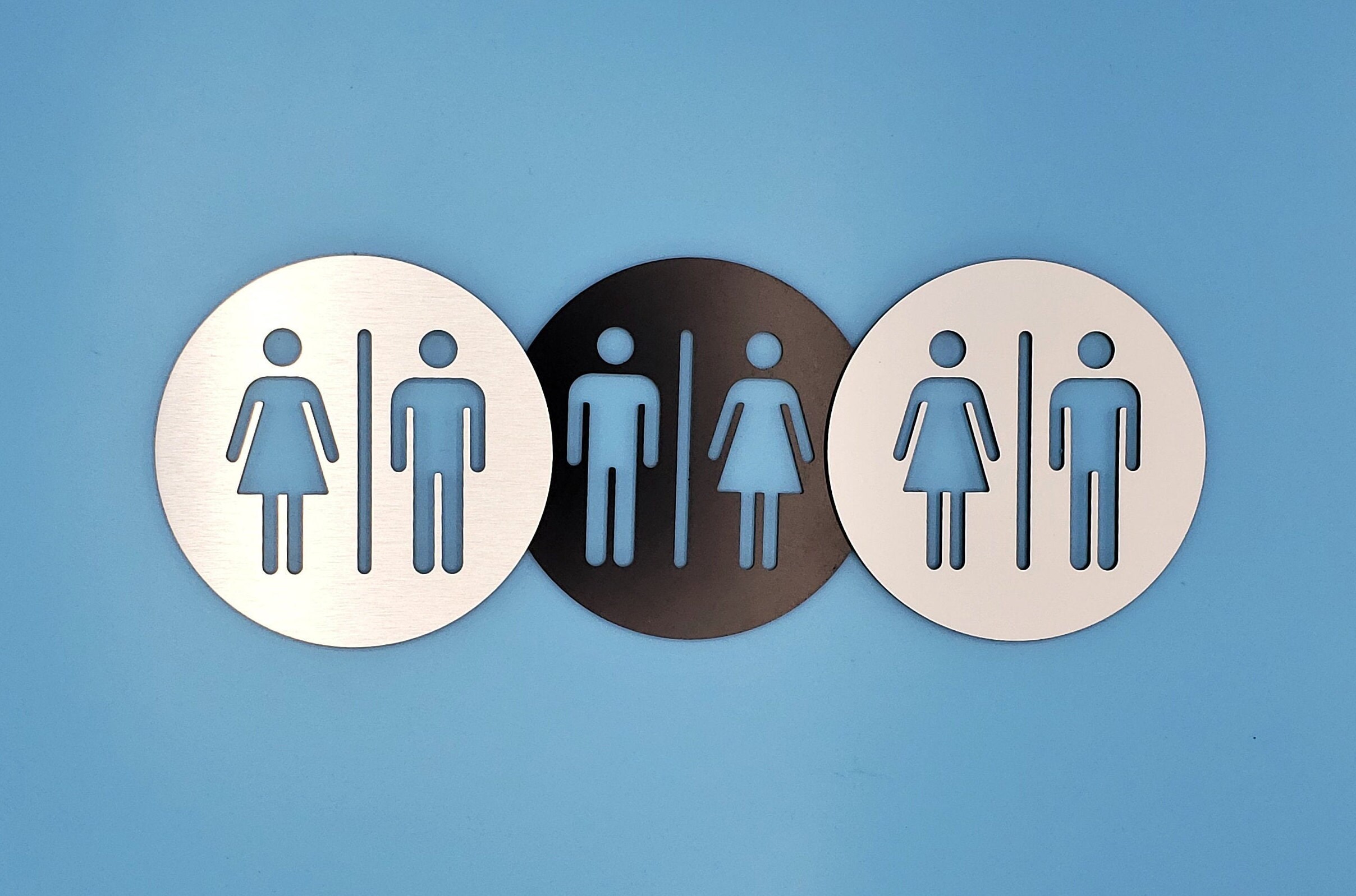 All gender restroom door sign metal. Bathroom sign. Silver. Gold