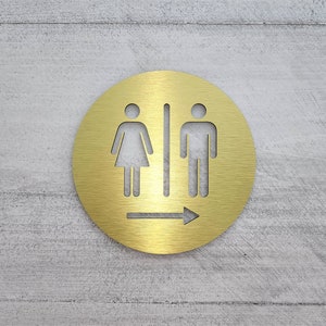 Directional restroom sign with arrow. Bathroom signs. Directional business signs. Restroom arrow sign.