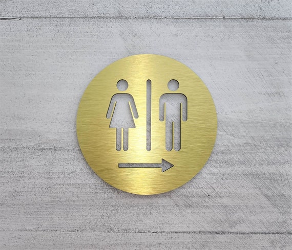 Directional restroom sign with arrow. Bathroom signs. Directional business signs. Restroom arrow sign.