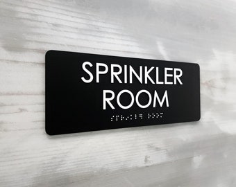 Sprinkler room ADA compliant door sign. Custom ADA signs. Office signs. Tactile text and Grade 2 Braille room identification sign.
