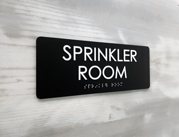 Sprinkler room ADA compliant door sign. Custom ADA signs. Office signs. Tactile text and Grade 2 Braille room identification sign.