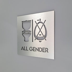 以下が含まれることがあります： トイレと小便器の記号が打ち消され、「ALL GENDER」というテキストが書かれた銀色の金属製の標識です。