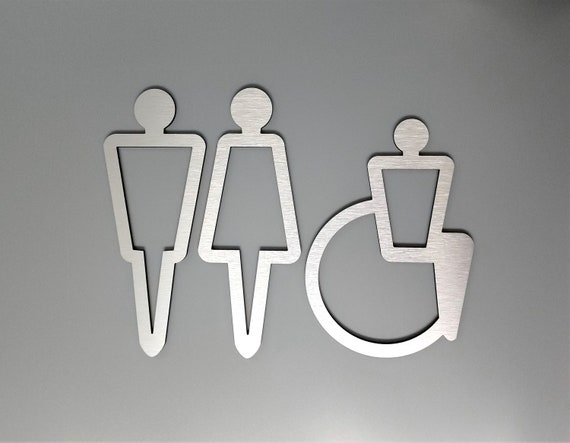 Set of 3 modern bathroom figures. Man and woman cutout symbols for restroom door. All gender handicap accessible restroom sign.
