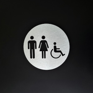 Silver bathroom sign. All gender restroom sign. Unisex toilet. Modern business signage.