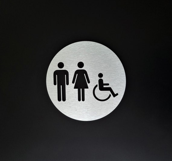 Silver bathroom sign. All gender restroom sign. Unisex toilet. Modern business signage.