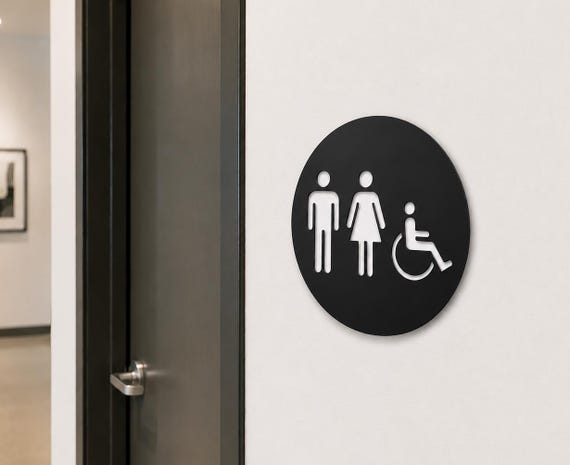 Silver bathroom sign. All gender restroom sign. Unisex toilet. Modern business signage.