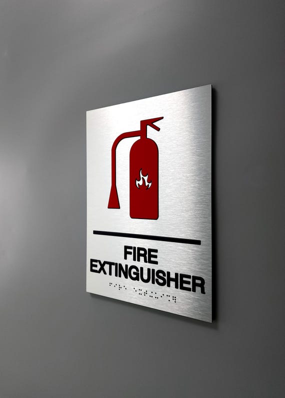 Fire extinguisher sign with red symbol. ADA compliant fire extinguisher signs. Fire emergency signage. ADA safety signs.