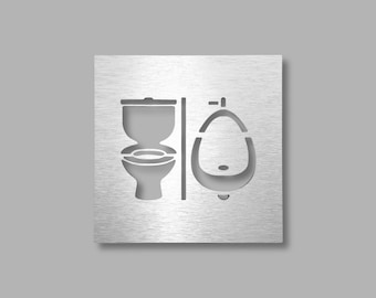 Bathroom door sign with toilet and urinal symbols. All gender restroom signs. Unisex. Gender neutral.