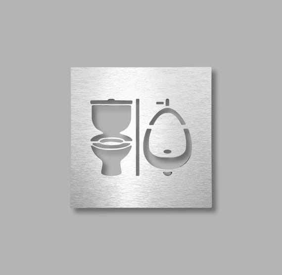 Bathroom door sign with toilet and urinal symbols. All gender restroom signs. Unisex. Gender neutral.