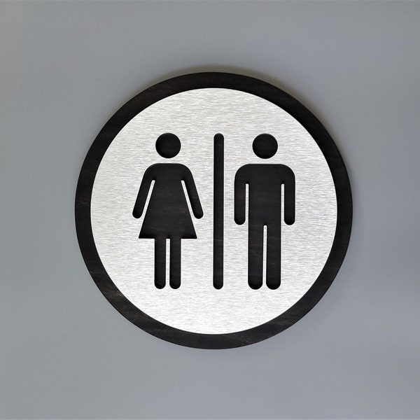Wood and metal restroom door sign. All gender bathroom sign. Male and Fimale toilet. Office signs.