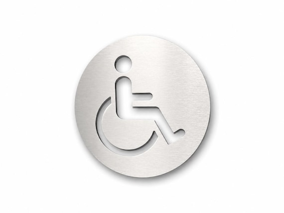 Metal handicap door sign. Handicapped restroom sign. Bathroom. Toilet. Office. Restaurant. Hotel. Business.