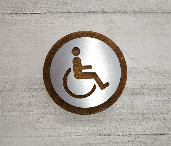 Wood and metal handicap door sign. Handicapped restroom sign. Bathroom. Toilet. Office. Restaurant. Hotel. Business.