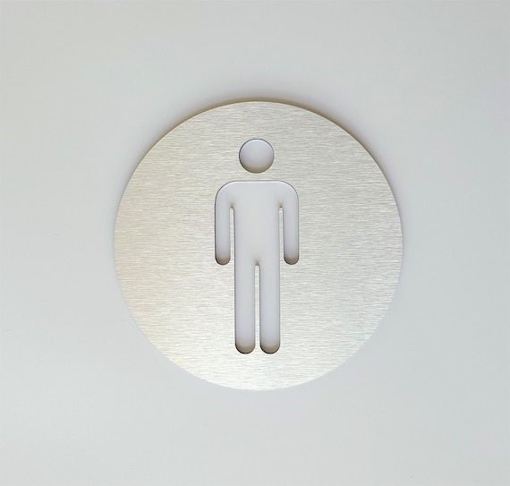 Male bathroom sign. Metal restroom door sign. Men's toilet. Modern business signage. Gold. Silver.