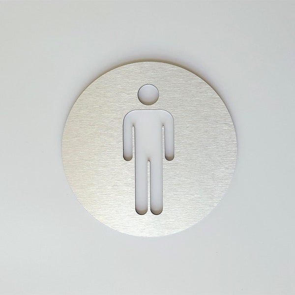 Male bathroom sign. Metal restroom door sign. Men's toilet. Modern business signage. Gold. Silver.