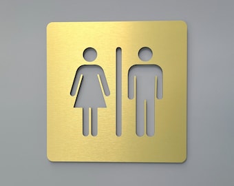 Square bathroom signs. Unisex restroom sign gold. All Gender restroom. Male and Fimale toilet. Modern office signage.