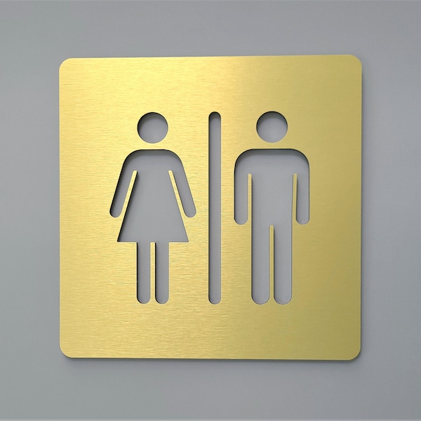 Square bathroom signs. Unisex restroom sign gold. All Gender restroom. Male and Fimale toilet. Modern office signage.