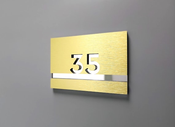 Brushed gold number signs. Custom door numbers. Apartment number signs. Hotel room number plates. Modern address plaques. Room number sign.