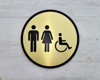 Modern bathroom signs. Handicap accessible restroom. Signs for all gender restrooms. Bathroom door sign. Toilet sign.