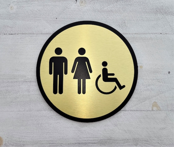 Modern bathroom signs. Handicap accessible restroom. Signs for all gender restrooms. Bathroom door sign. Toilet sign.