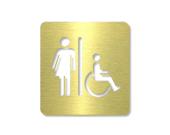 Könnte beinhalten: Ein quadratisches, goldfarbenes Metallschild mit gebürsteter Oberfläche, das ausgeschnittene Symbole einer stehenden Person und einer Person im Rollstuhl zeigt, getrennt durch eine vertikale Linie. Das Design ist mittig mit abgerundeten Ecken.
