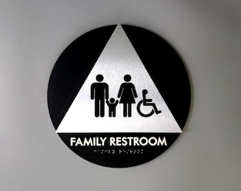 California Title 24 family restroom door sign. AB 1732 restroom signs. Family bathroom signs. Single-occupant ADA compliant bathroom signs.