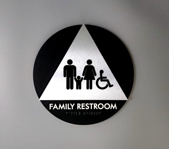California Title 24 family restroom door sign. AB 1732 restroom signs. Family bathroom signs. Single-occupant ADA compliant bathroom signs.