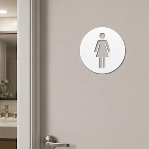 May include: A circular white sign featuring a centered cutout silhouette of a person wearing a dress. The sign is mounted on a flat, light-colored door surface above a silver-toned metal door handle, providing a clear visual indicator for a restroom.