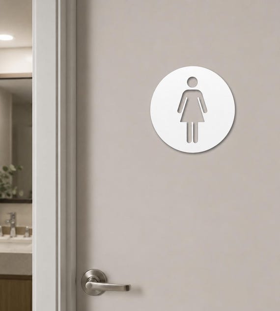 Female restroom door sign. Metal bathroom sign. Women's toilet. Modern office signs. Business signage.