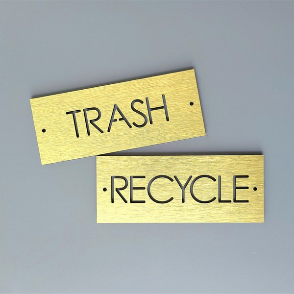 Trash and recycle garbage signs. Trash sign. Recycling sign. Trash can indicator. Recycling bin sign.