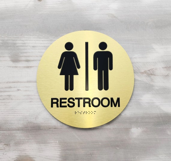 ADA compliant unisex restroom sign. Unisex bathroom signage. ADA restroom signs with Grade 2 Braille and tactile symbols and text.