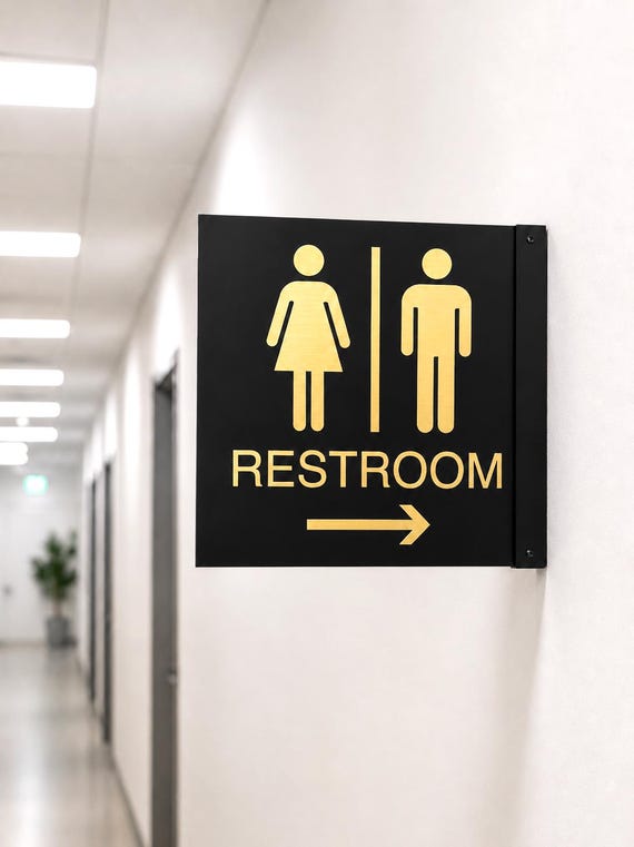Double-sided restroom directional sign. Wall Mounted Hallway Sign. Corridor flag signs. Blade signs. Men Women Restroom Arrow Sign.