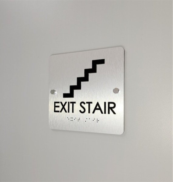 Exit stairs sign with Grade 2 Braille and Tactile text. ADA compliant Exit signs. Stairs signage.