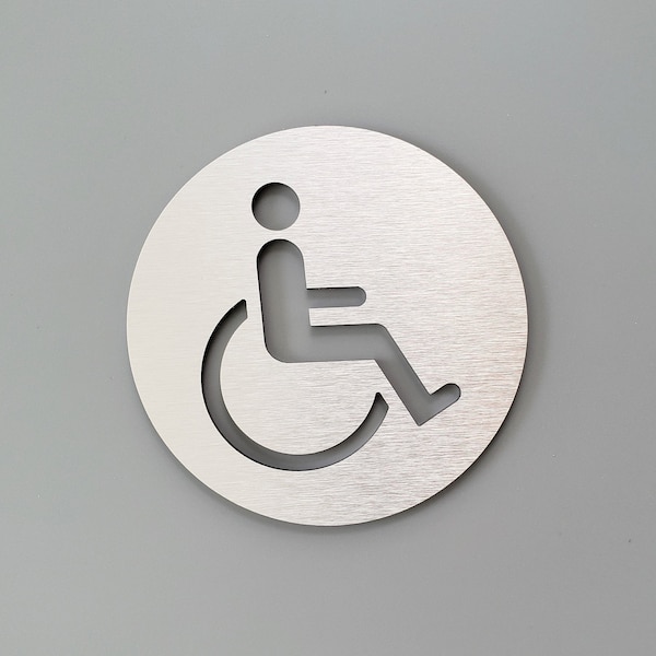 Metal handicap door sign. Handicapped restroom sign. Bathroom. Toilet. Office. Restaurant. Hotel. Business.