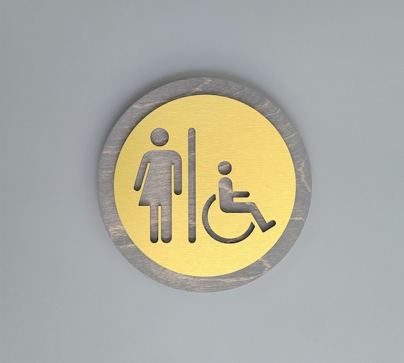 Unisex restroom sign. All gender bathroom sign. Wood. Metal. Door sign. Gender neutral toilet. Office. Restaurant. Hotel. Business.