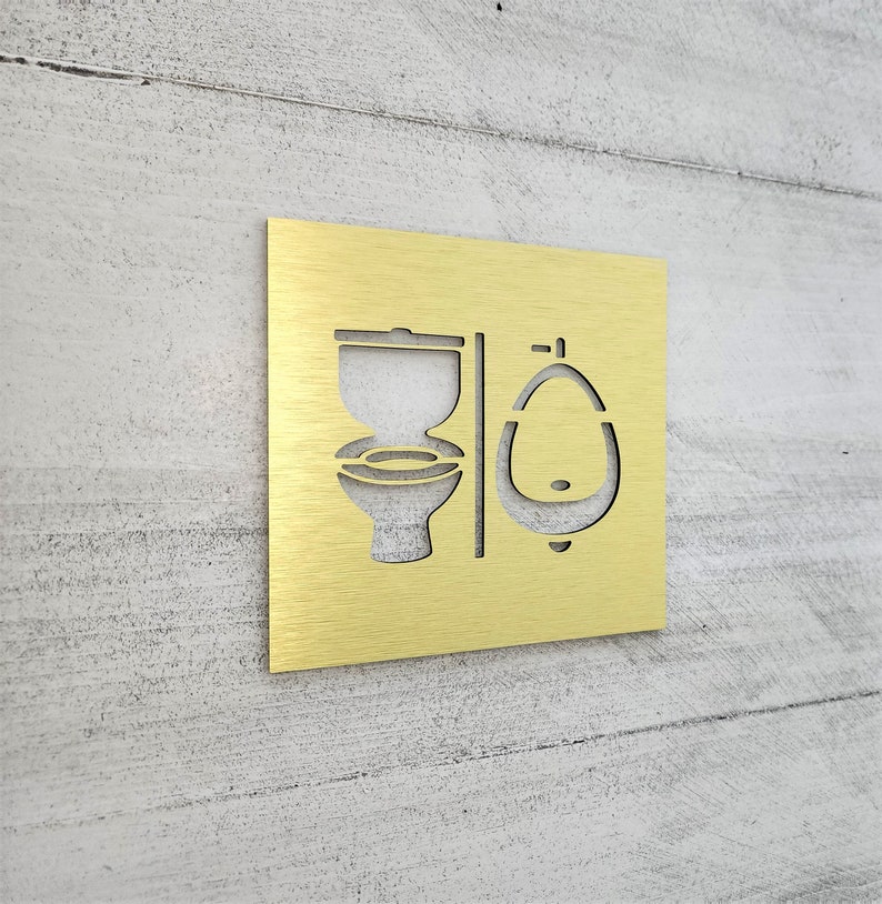 Bathroom sign with toilet and urinal symbols. All gender restroom signs. Unisex toilet sign. Gender neutral restroom door signs. Złoto