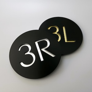 Black round door numbers. Apartment number sign. Hotel room number plaque. Custom number plate.