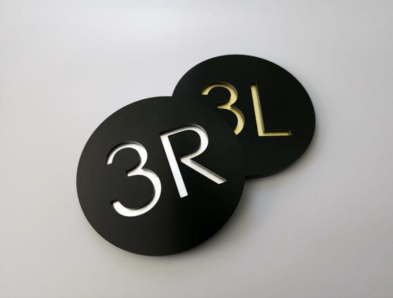 Black round door numbers. Apartment number sign. Hotel room number plaque. Custom number plate.