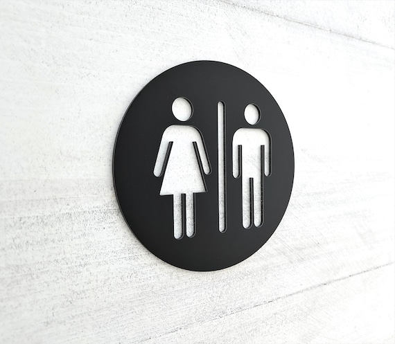 Restroom door sign metal. Unisex bathroom sign gold. All Gender restroom. Male and Fimale toilet. Modern office signage.
