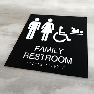 Pu&ograve; includere: Segnale bianco e nero con il testo "FAMILY RESTROOM" in lettere bianche. Il segnale include anche icone per uomini, donne, accesso per disabili in sedia a rotelle e fasciatoio.