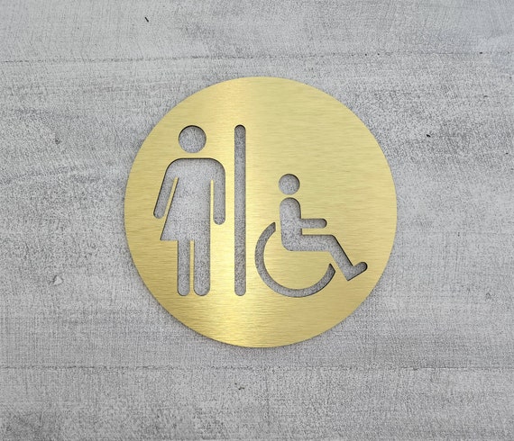 Gender neutral bathroom sign metal. Gold restroom door sign. Unisex toilet. Male Female. WC.