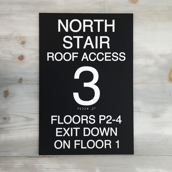 ADA and IFC compliant stairwell floor number signs. Stairwell level number signs.  Floor number sign with tactile text and Grade 2 Braille.